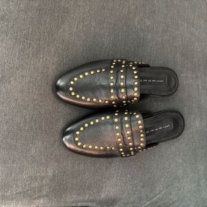 STEVEN BY STEVE MADDEN BLACK LEATHER, GOLD STUDS MULES, SIZE 6